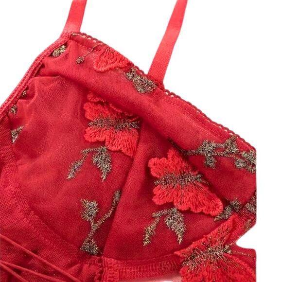 Medium Lingerie Bodysuit Butterfly Teddy Gold Red Embroidered - Picture 4 of 6